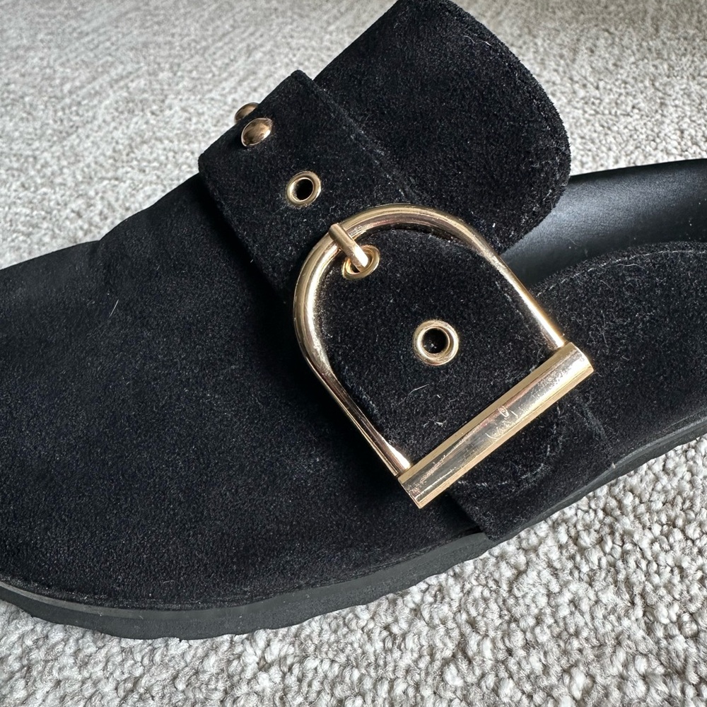 French Connection Black Faux Suede Clogs with Gold Buckle - Picture 6 of 7